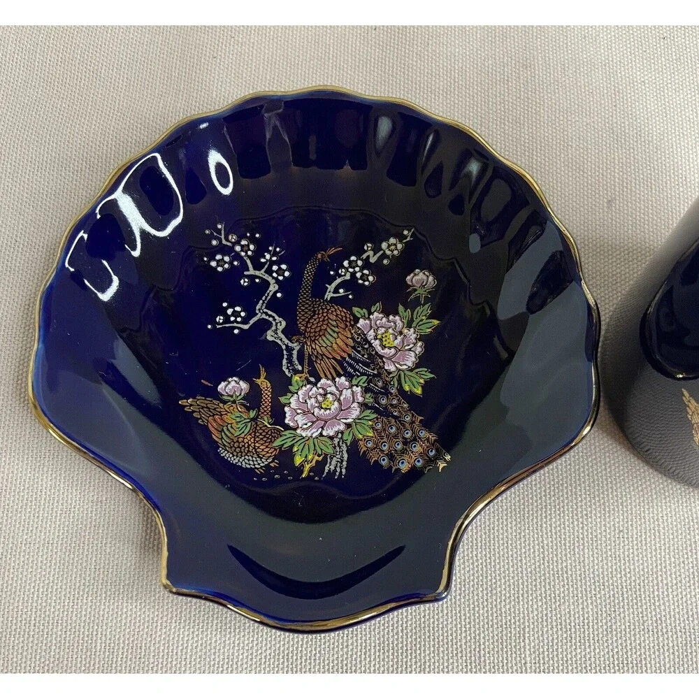 Vintage Japanese Blue Floral Ceramic Bathroom Set Cup and Soap Dish